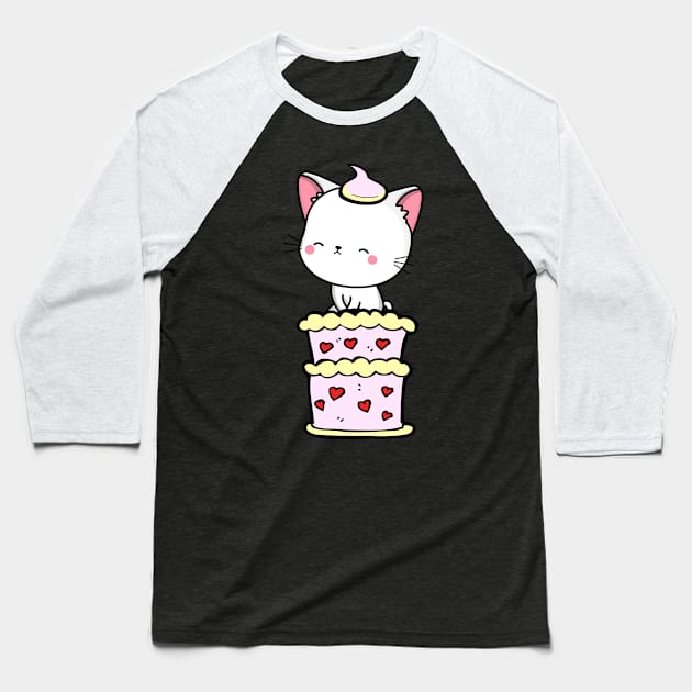 Funny white cat jumping out of a cake Baseball T-Shirt by Pet Station